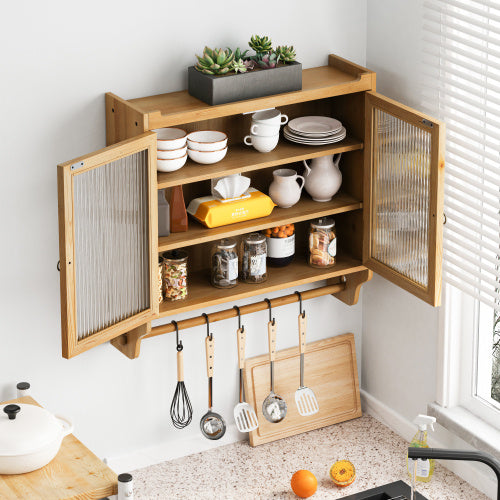 Vintage Glass Door Wall Cabinet – Double Door Wooden Hanging Storage Cabinet for Bathroom, Kitchen, or Dining Room – Rustic Wood Finish
