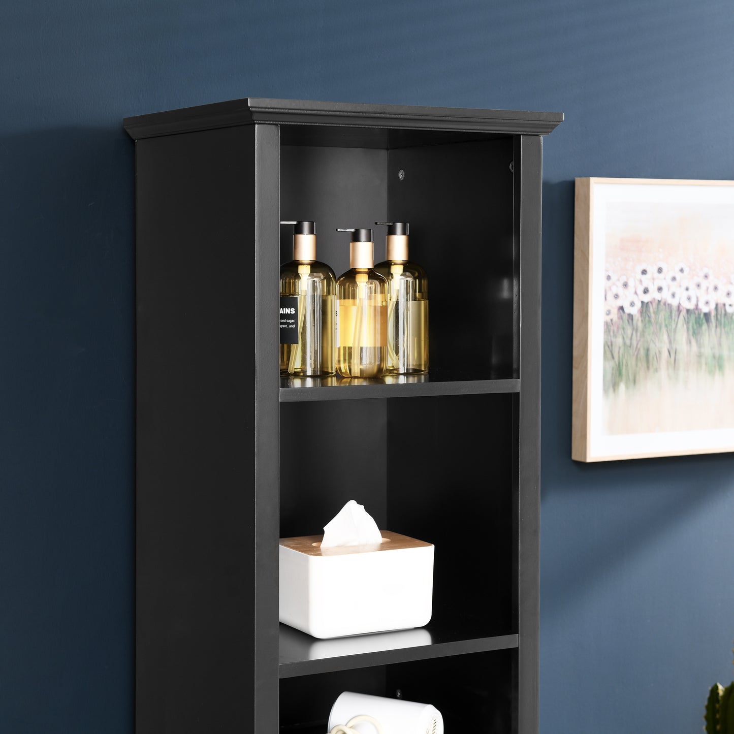 Floor Standing Cabinet For Living Room Bathroom Home Office Kitchen, 4 Adjustable Shelves & Laundry Hamper, Hidden Clothes Storage Space, Black
