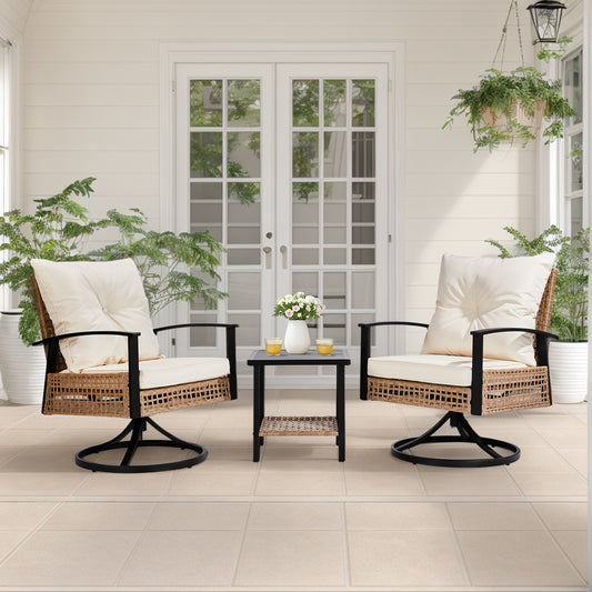 2pcs Swivel Chair And 1pc Side Table, Sparsely Braided Light Yellow Rattan, Off-white Mat, Braided Rattan Three-piece Set