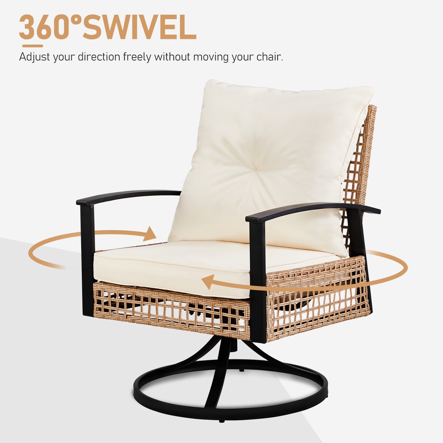2pcs Swivel Chair And 1pc Side Table, Sparsely Braided Light Yellow Rattan, Off-white Mat, Braided Rattan Three-piece Set