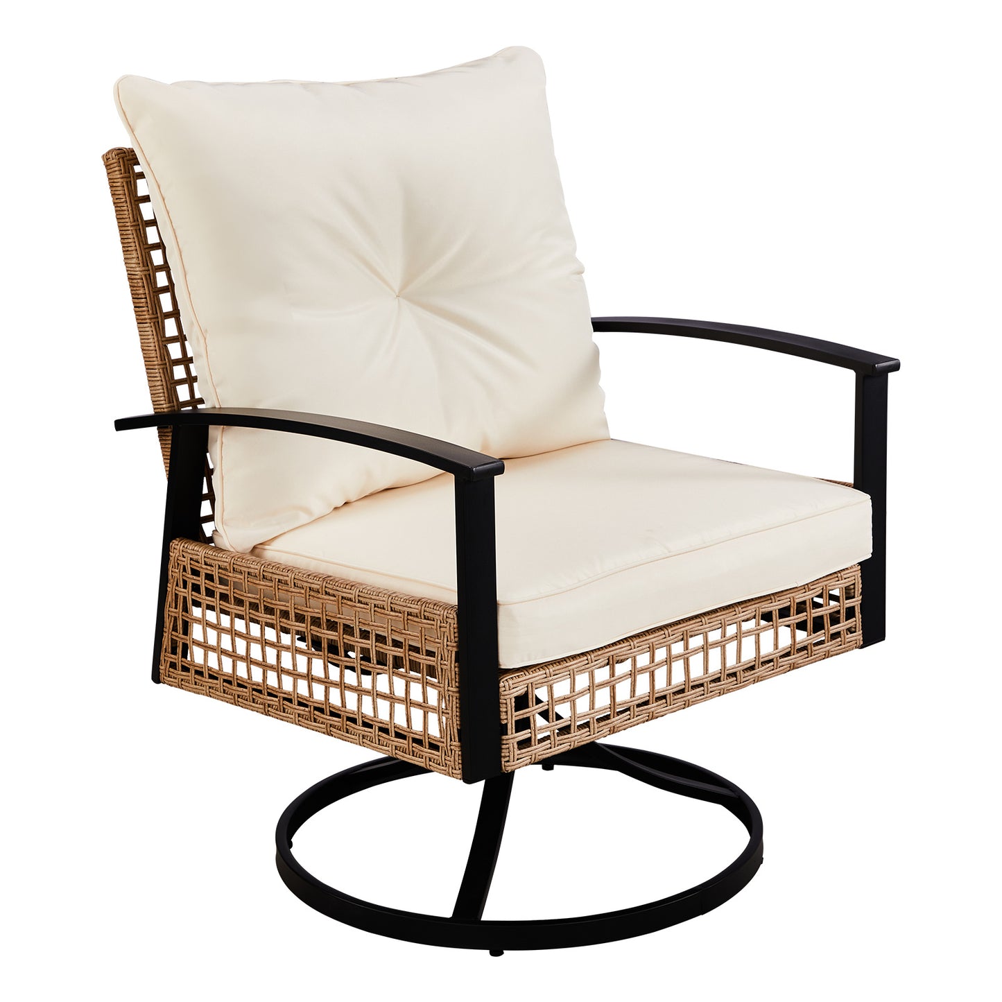 2pcs Swivel Chair And 1pc Side Table, Sparsely Braided Light Yellow Rattan, Off-white Mat, Braided Rattan Three-piece Set