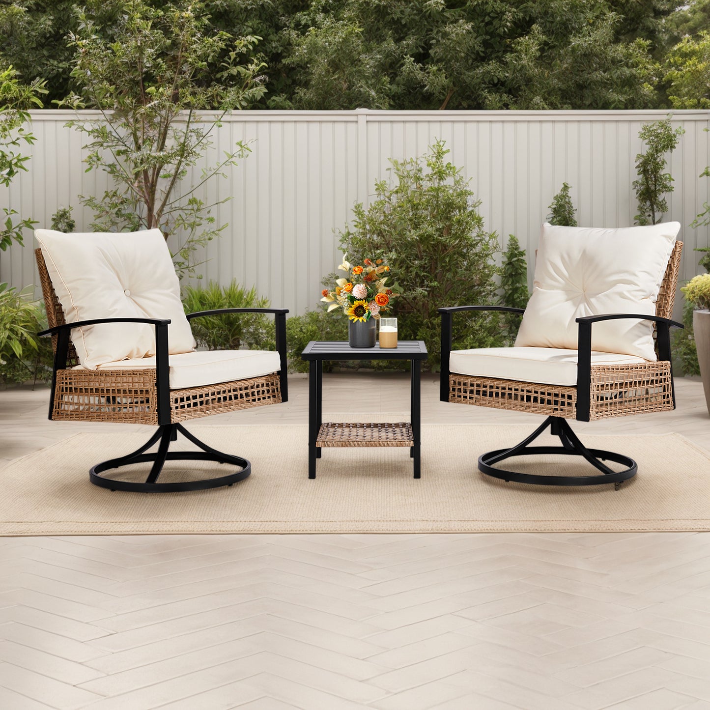 2pcs Swivel Chair And 1pc Side Table, Sparsely Braided Light Yellow Rattan, Off-white Mat, Braided Rattan Three-piece Set
