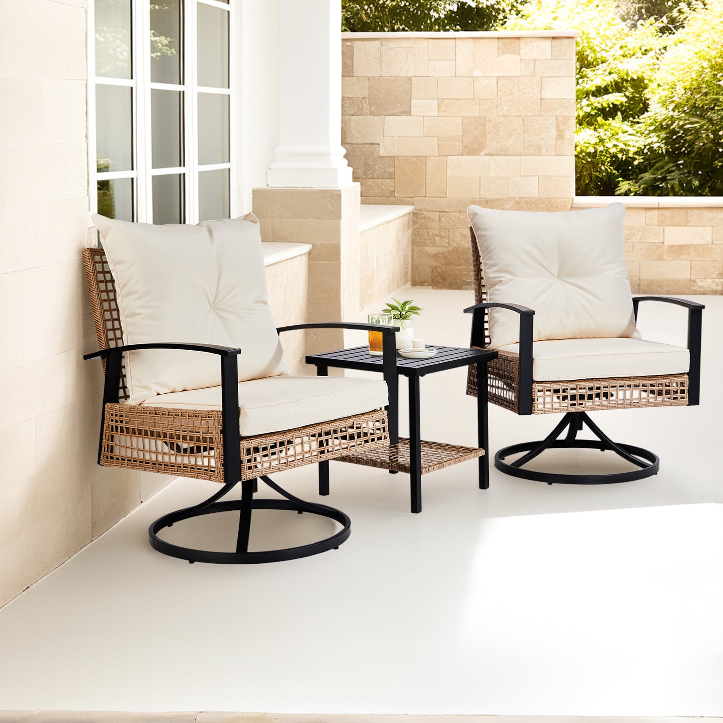 2pcs Swivel Chair And 1pc Side Table, Sparsely Braided Light Yellow Rattan, Off-white Mat, Braided Rattan Three-piece Set