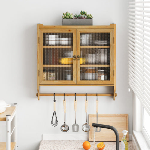 Vintage Glass Door Wall Cabinet – Double Door Wooden Hanging Storage Cabinet for Bathroom, Kitchen, or Dining Room – Rustic Wood Finish
