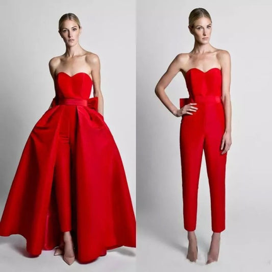 Scarlet Elegance Sleeveless Red Evening Jumpsuit Gown with Flowy Cape Overlay