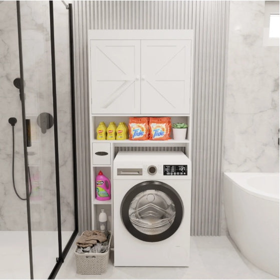 Over The Toilet Storage Cabinet With 2 Door  Home Space Saving Toilet Rack, Farmhouse Style For Bathroom, Restroom, Laundry