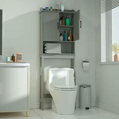 Over the Toilet Bathroom Storage Cabinet Shelving Unit in Grey Wood