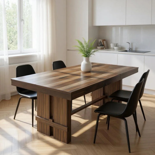 HMS 84 Dark Brown Wood Self-Storing Extension Dining Table with Leaf Trestle Base Convenient for Home Use