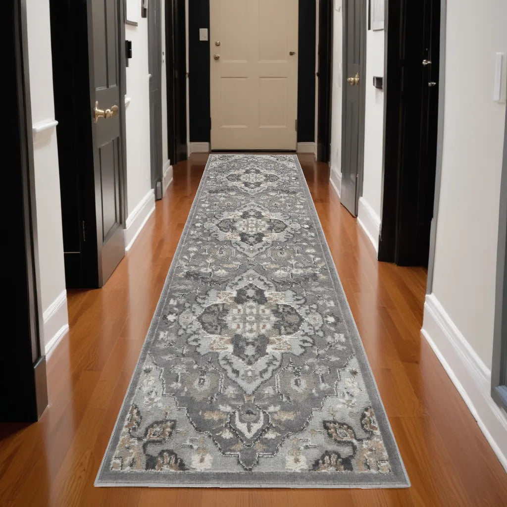 HMS 12' Gray Ivory Floral Anti-Slip Non-Skid Runner Rug Braided Tufted Oriental Style Woven Silk Polyester for Home Golf Course