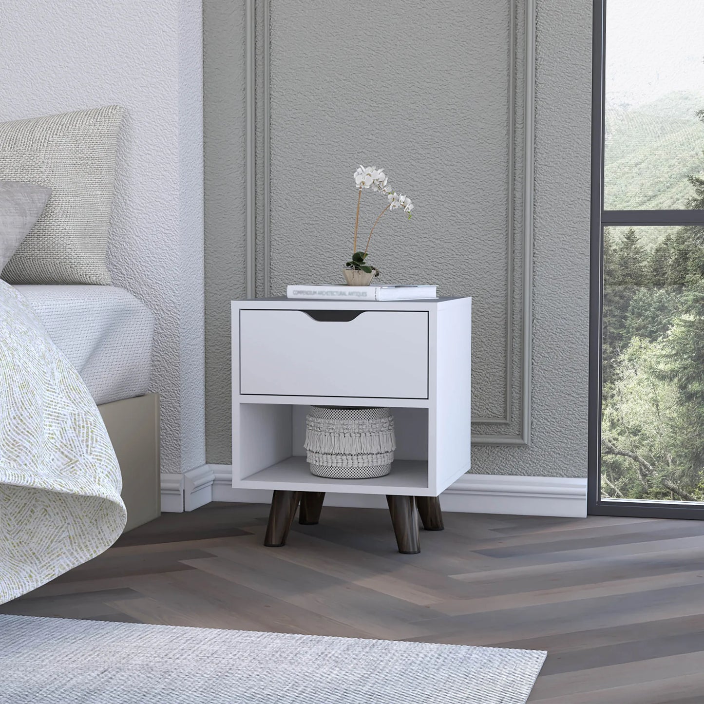 HMS Modern 19\" White Wood One-Drawer Nightstand Bedroom Living Room Home Furniture for Apartments