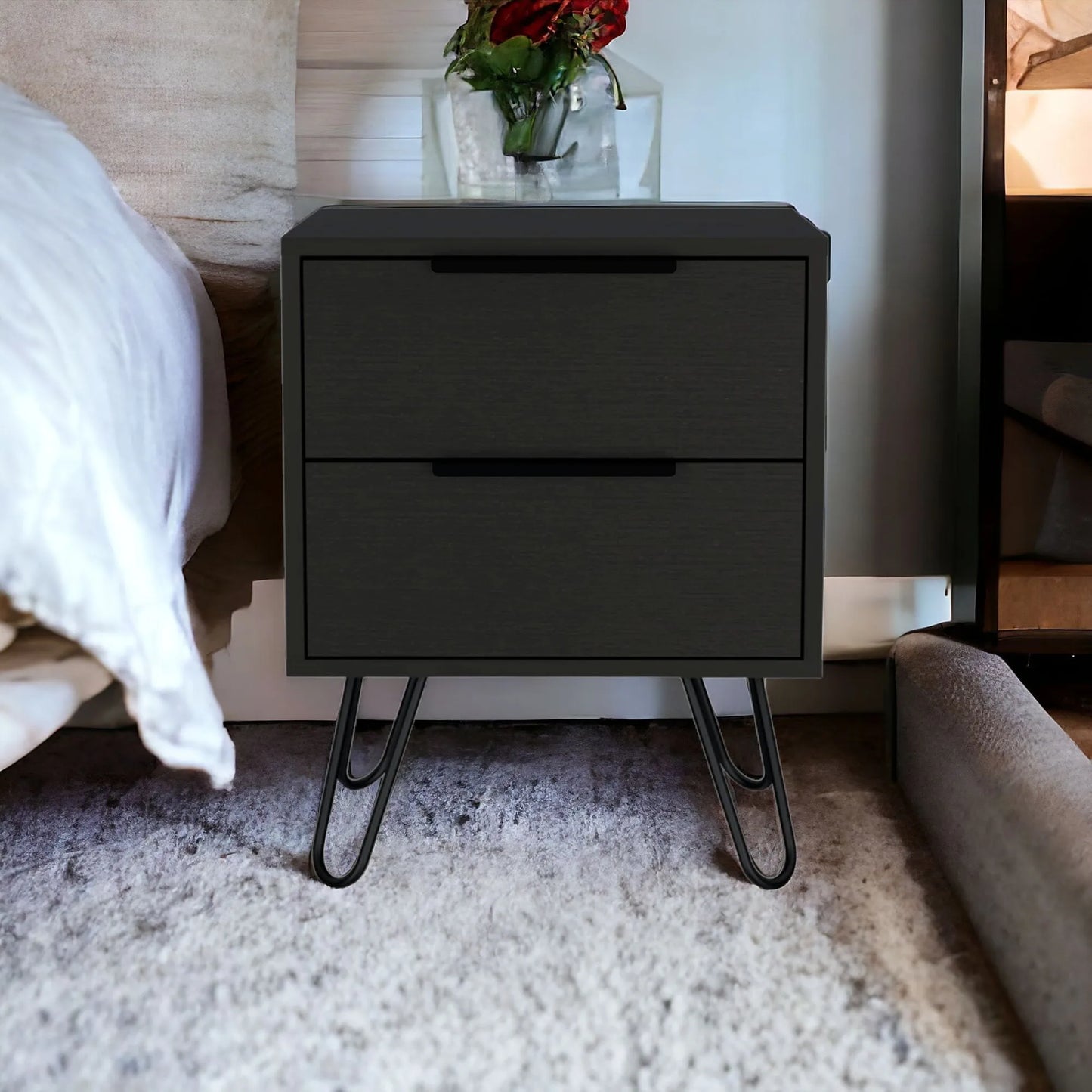 HMS 22\" Modern Black Wood Two-Drawer Nightstand for Home Apartment Living Room Bedroom or Hospital Use