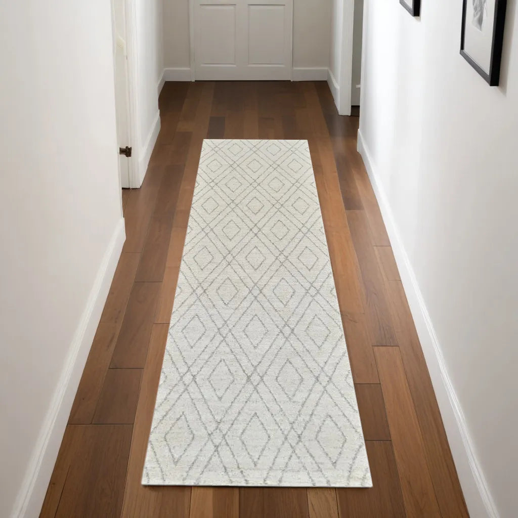 HMS 8' Beige Gray Handmade Woven Abstract Non-Skid Runner Rug Modern Wool Polyester Silk Nylon for Home Prayer-for Teens