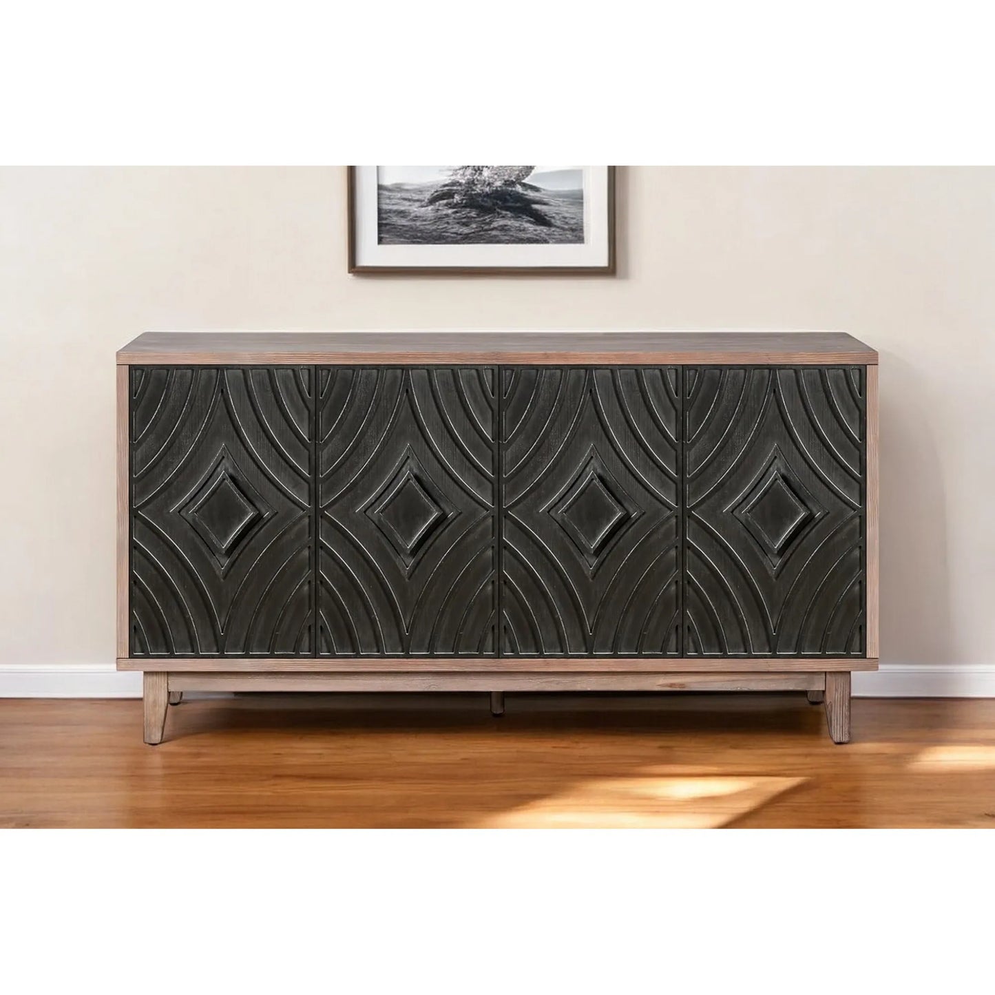 Midcentury Modern Luxury Sideboard Cabinet HMS 60\" Brown and Charcoal Distressed Wood Four Door Home Furniture