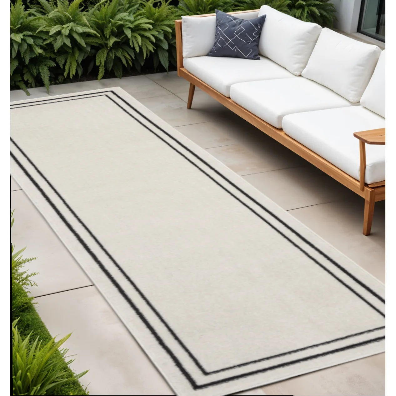 HMS 8' Ivory Black Indoor/Outdoor Boho Modern Runner Rug Washable Wool-Polyester-Cotton Carpet Soft Tufted Woven for Teens' Home