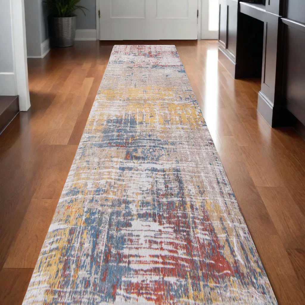HMS 10' White Abstract Braided Runner Rug Handmade Modern Silk and Wool Washable for Teenagers' Prayers Picnics Home Use