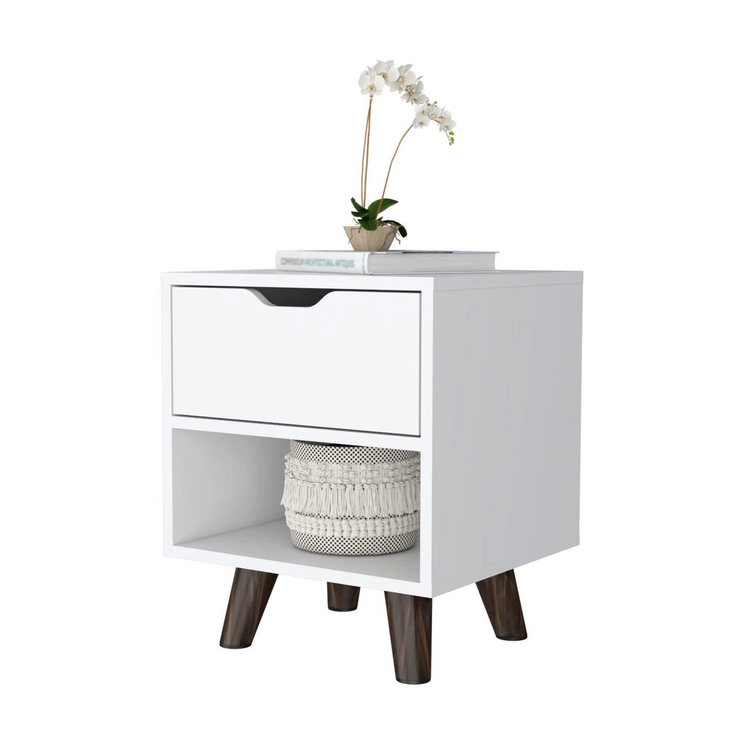HMS Modern 19\" White Wood One-Drawer Nightstand Bedroom Living Room Home Furniture for Apartments
