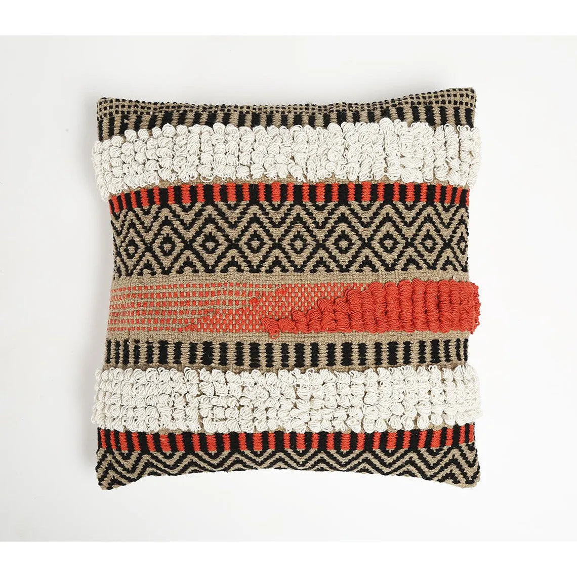 HMS 18\" White and Natural Striped Cotton Throw Pillow Cover with Tufts Decorative & Stylish Pillow for Home Decor