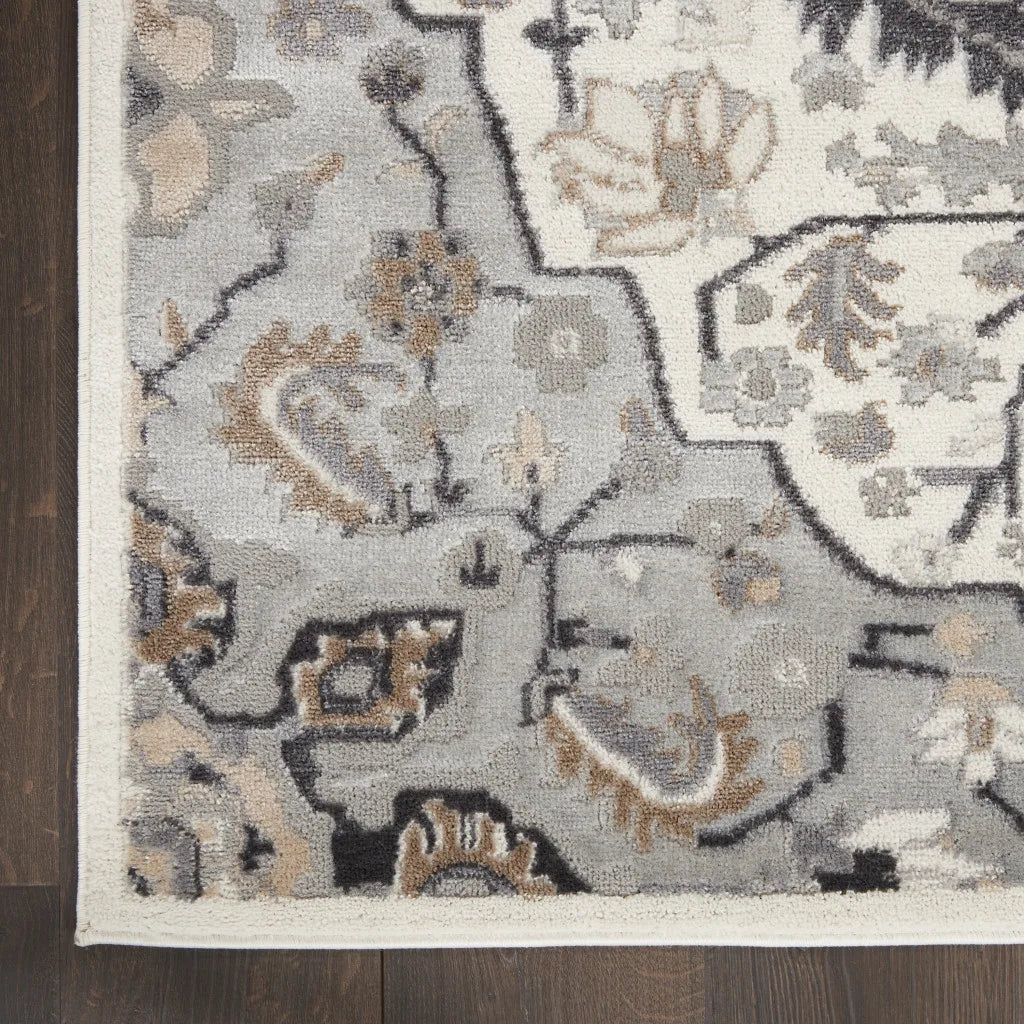 HMS 12' Gray Ivory Floral Anti-Slip Non-Skid Runner Rug Braided Tufted Oriental Style Woven Silk Polyester for Home Golf Course