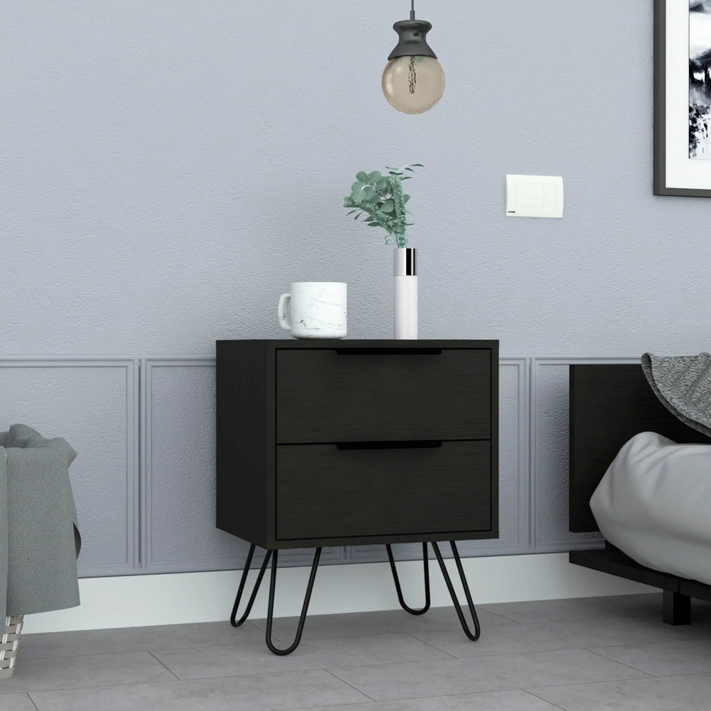 HMS 22\" Modern Black Wood Two-Drawer Nightstand for Home Apartment Living Room Bedroom or Hospital Use