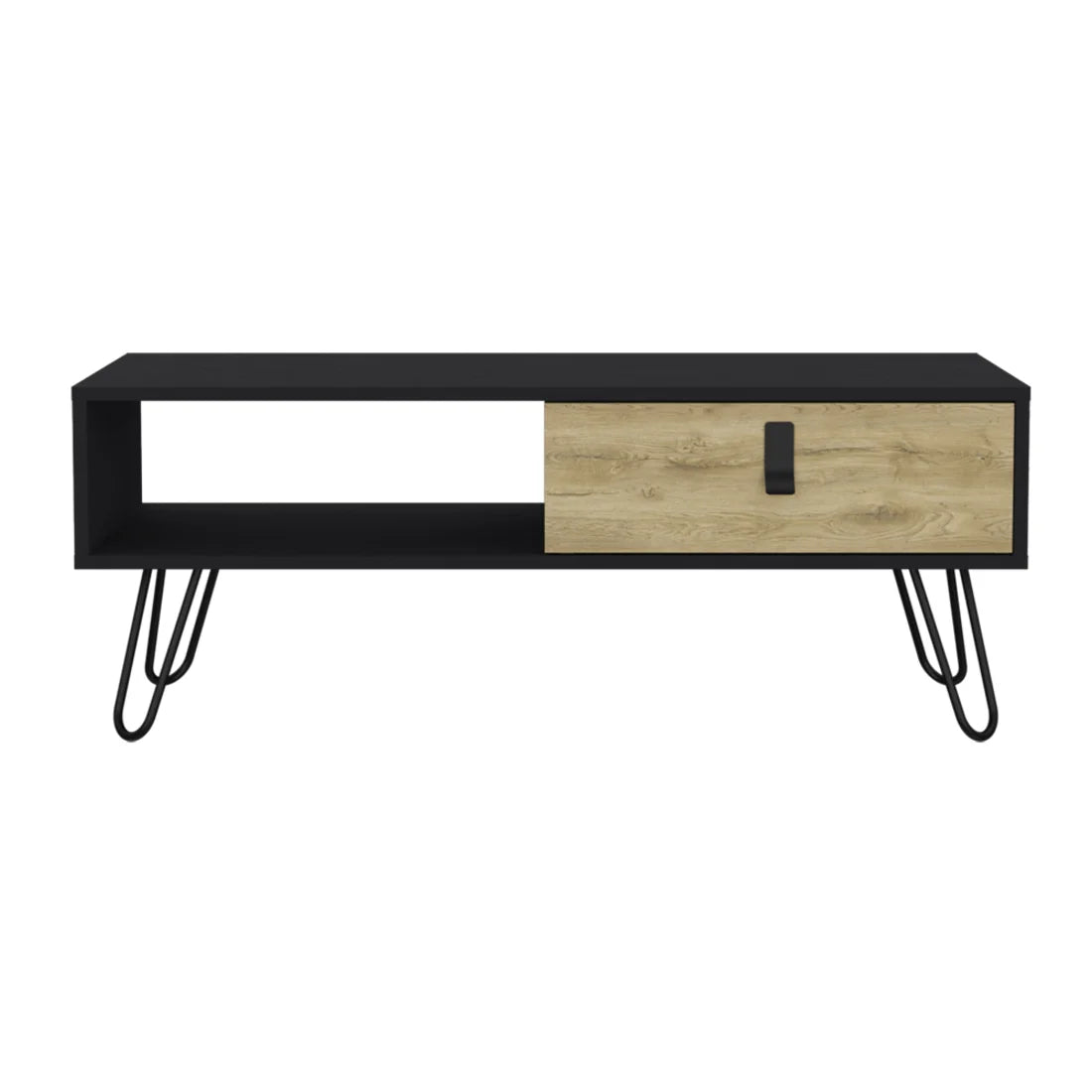 Convertible Black Oak Wood Coffee Table with Durable Metal Frame Glass Top Drawer Shelf for Home Living Room Furniture