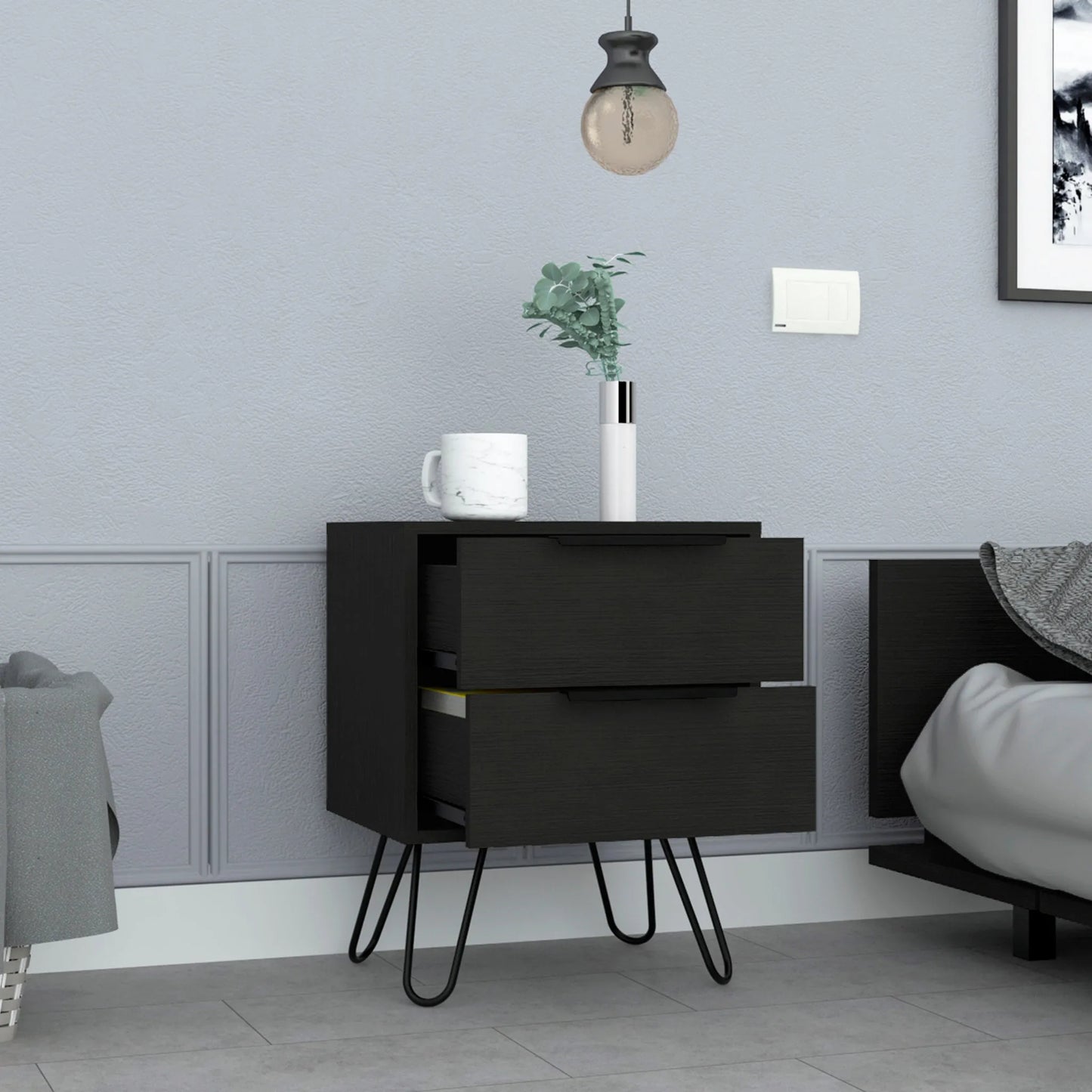 HMS 22\" Modern Black Wood Two-Drawer Nightstand for Home Apartment Living Room Bedroom or Hospital Use
