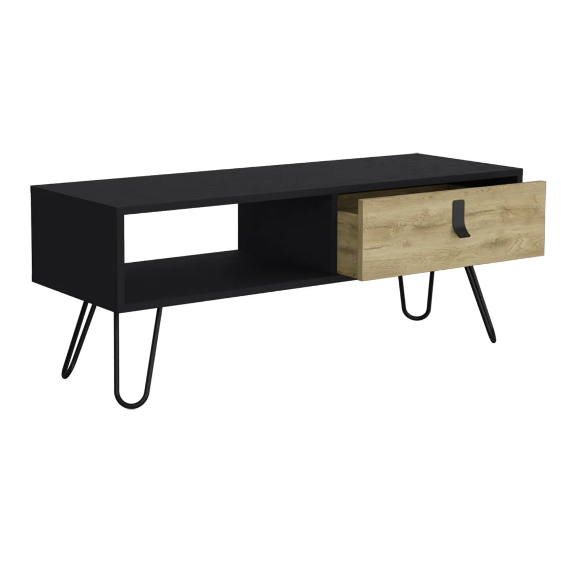 Convertible Black Oak Wood Coffee Table with Durable Metal Frame Glass Top Drawer Shelf for Home Living Room Furniture
