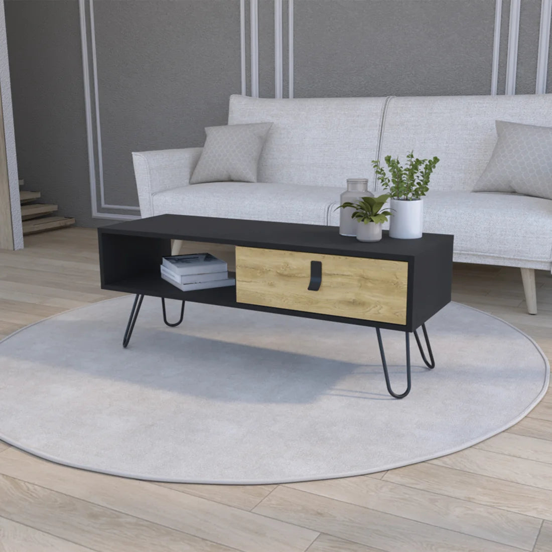Convertible Black Oak Wood Coffee Table with Durable Metal Frame Glass Top Drawer Shelf for Home Living Room Furniture