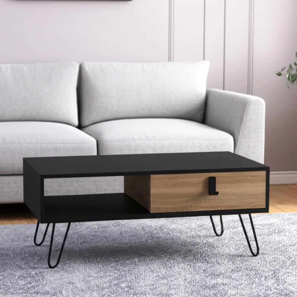 Convertible Black Oak Wood Coffee Table with Durable Metal Frame Glass Top Drawer Shelf for Home Living Room Furniture