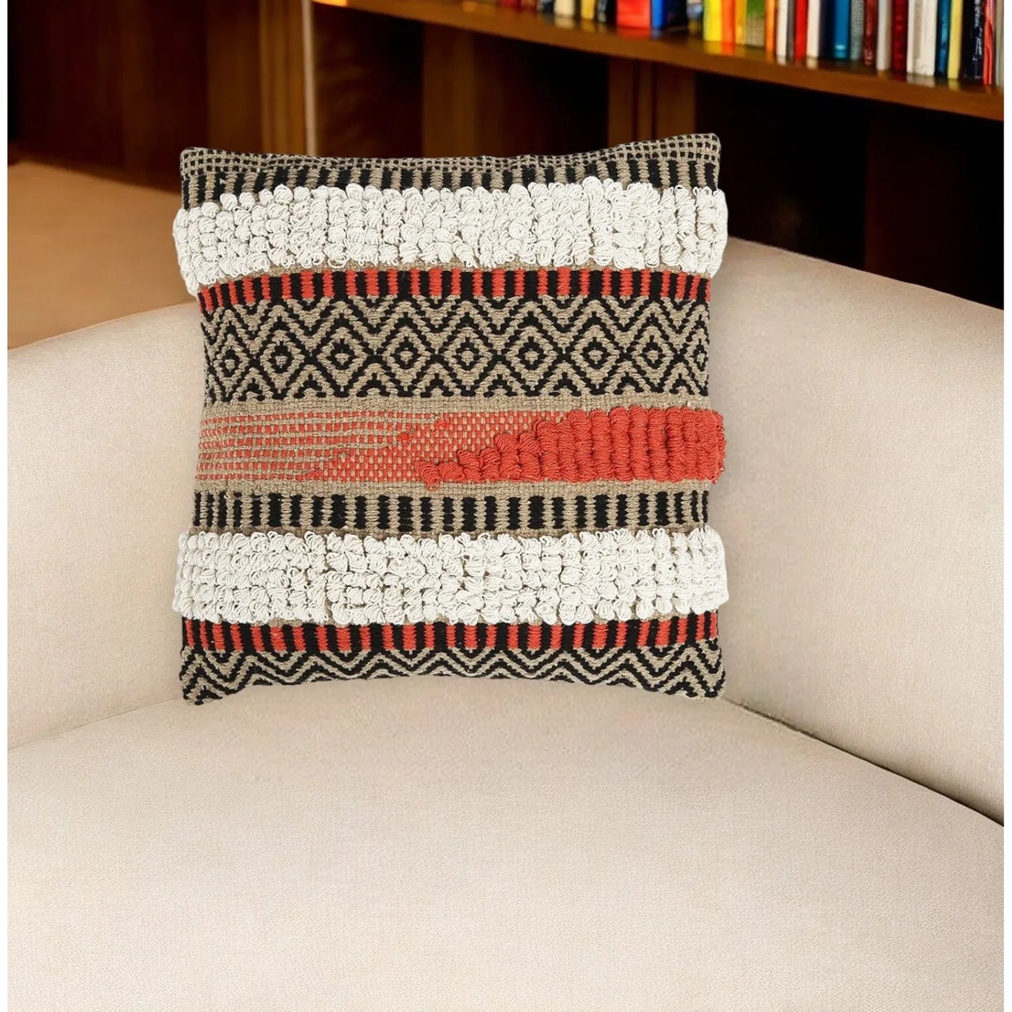HMS 18\" White and Natural Striped Cotton Throw Pillow Cover with Tufts Decorative & Stylish Pillow for Home Decor