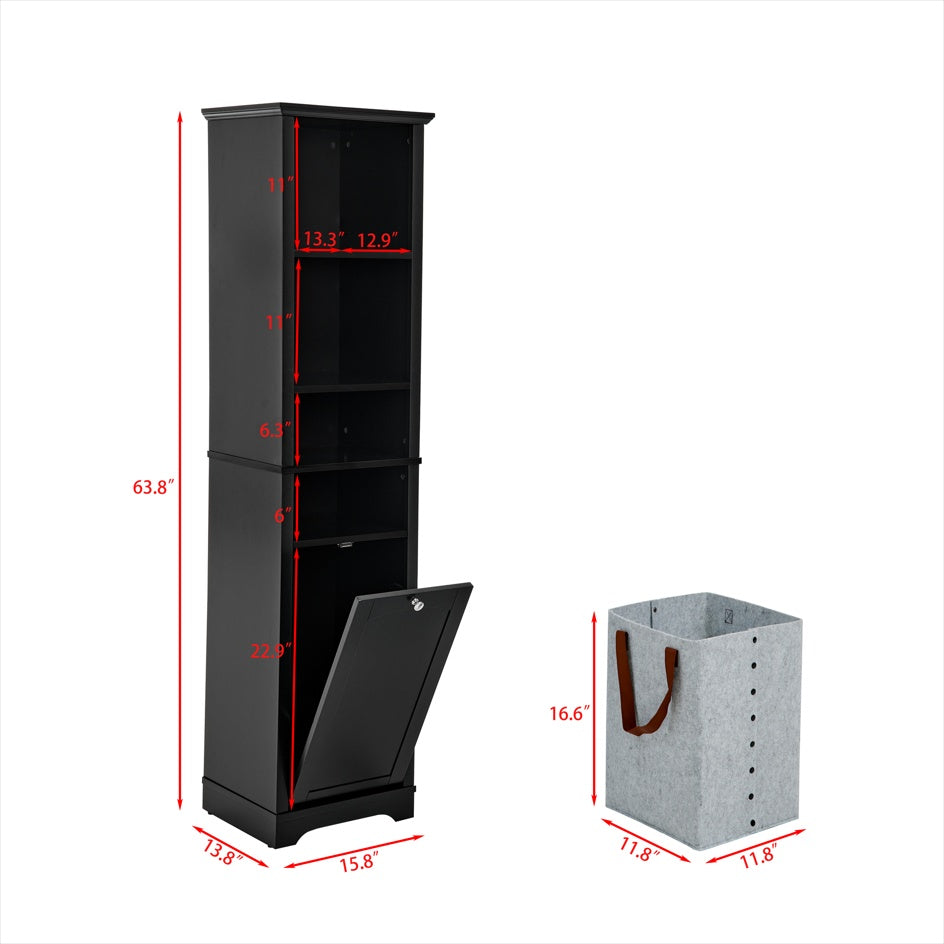 Floor Standing Cabinet For Living Room Bathroom Home Office Kitchen, 4 Adjustable Shelves & Laundry Hamper, Hidden Clothes Storage Space, Black