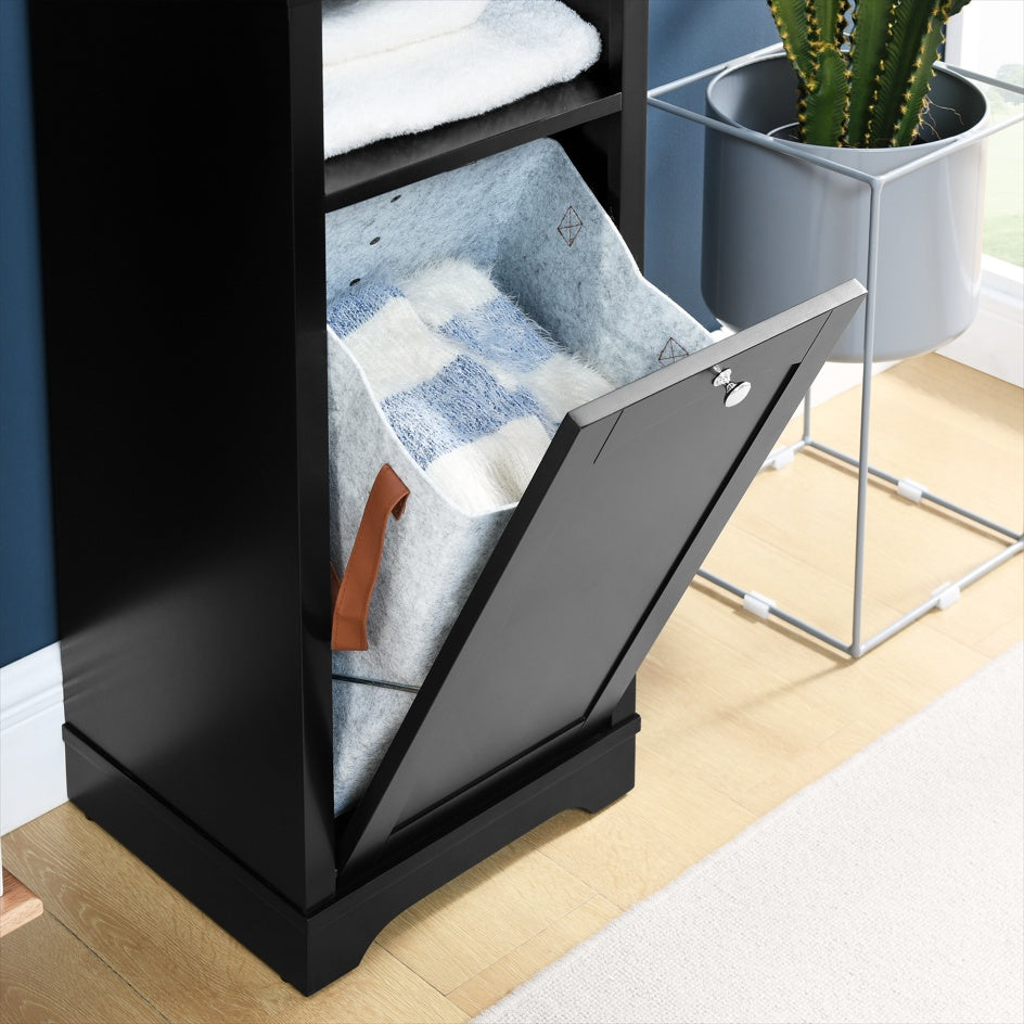 Floor Standing Cabinet For Living Room Bathroom Home Office Kitchen, 4 Adjustable Shelves & Laundry Hamper, Hidden Clothes Storage Space, Black