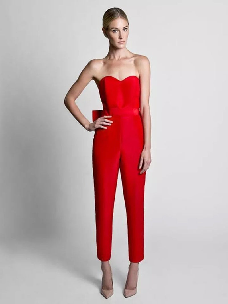 Scarlet Elegance Sleeveless Red Evening Jumpsuit Gown with Flowy Cape Overlay