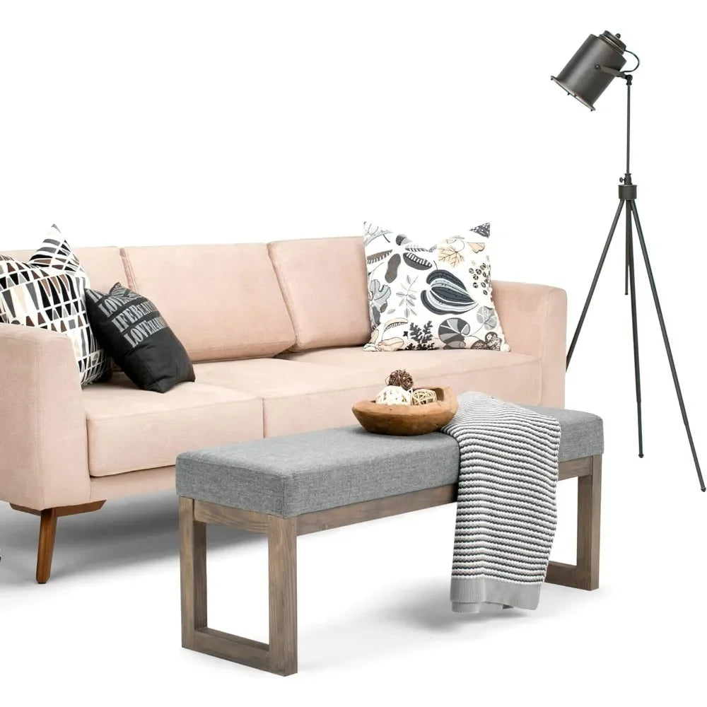 45 inch Wide Contemporary Rectangle Large Ottoman Bench in Grey Linen Look Fabric, Assembled, for the Living Room