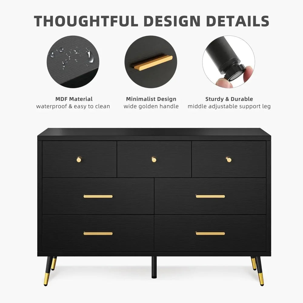 Black Dresser,7 Drawer Dresser with Wide Drawers and Gold Metal Handles, Wood Dressers & Chest of Hallway, Entryway