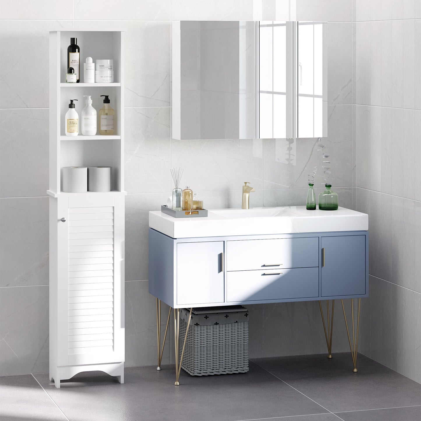 HOMCOM Tall Bathroom Storage Cabinet, Freestanding Linen Tower with