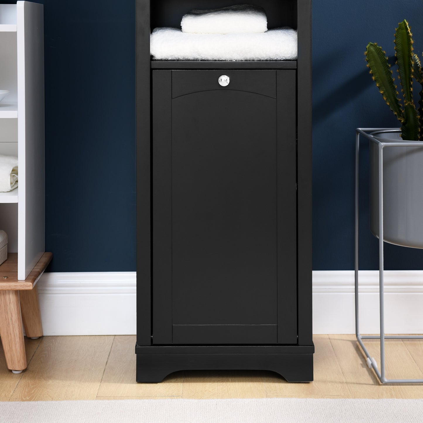 Floor Standing Cabinet For Living Room Bathroom Home Office Kitchen, 4 Adjustable Shelves & Laundry Hamper, Hidden Clothes Storage Space, Black