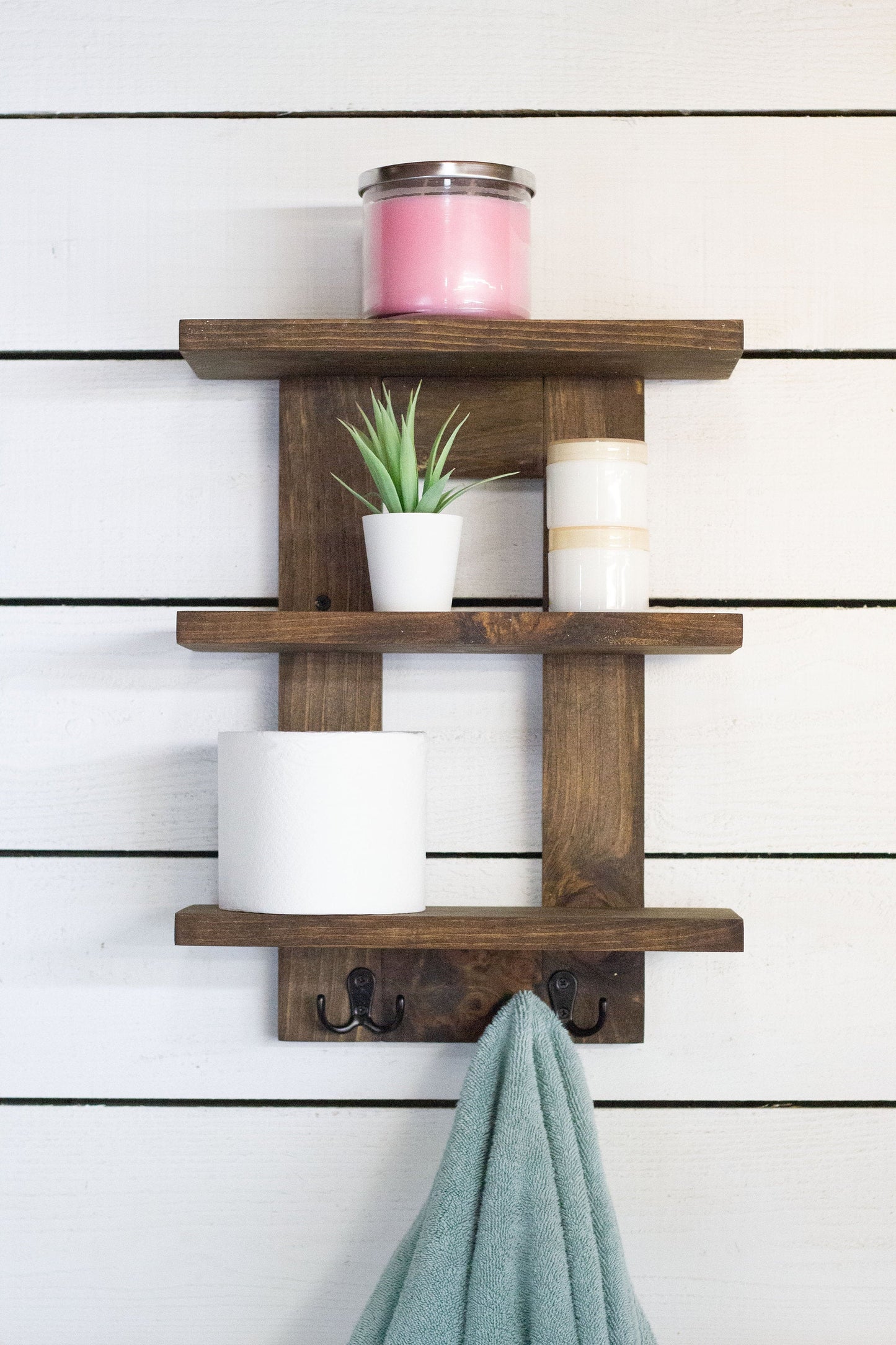 Wall Mounted Bathroom Shelf with 3 Shelves and 2 Double Towel Hooks